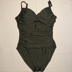 Hiur Olive Green Ruched One Piece Swimsuit US 8 Tummy Control Padded